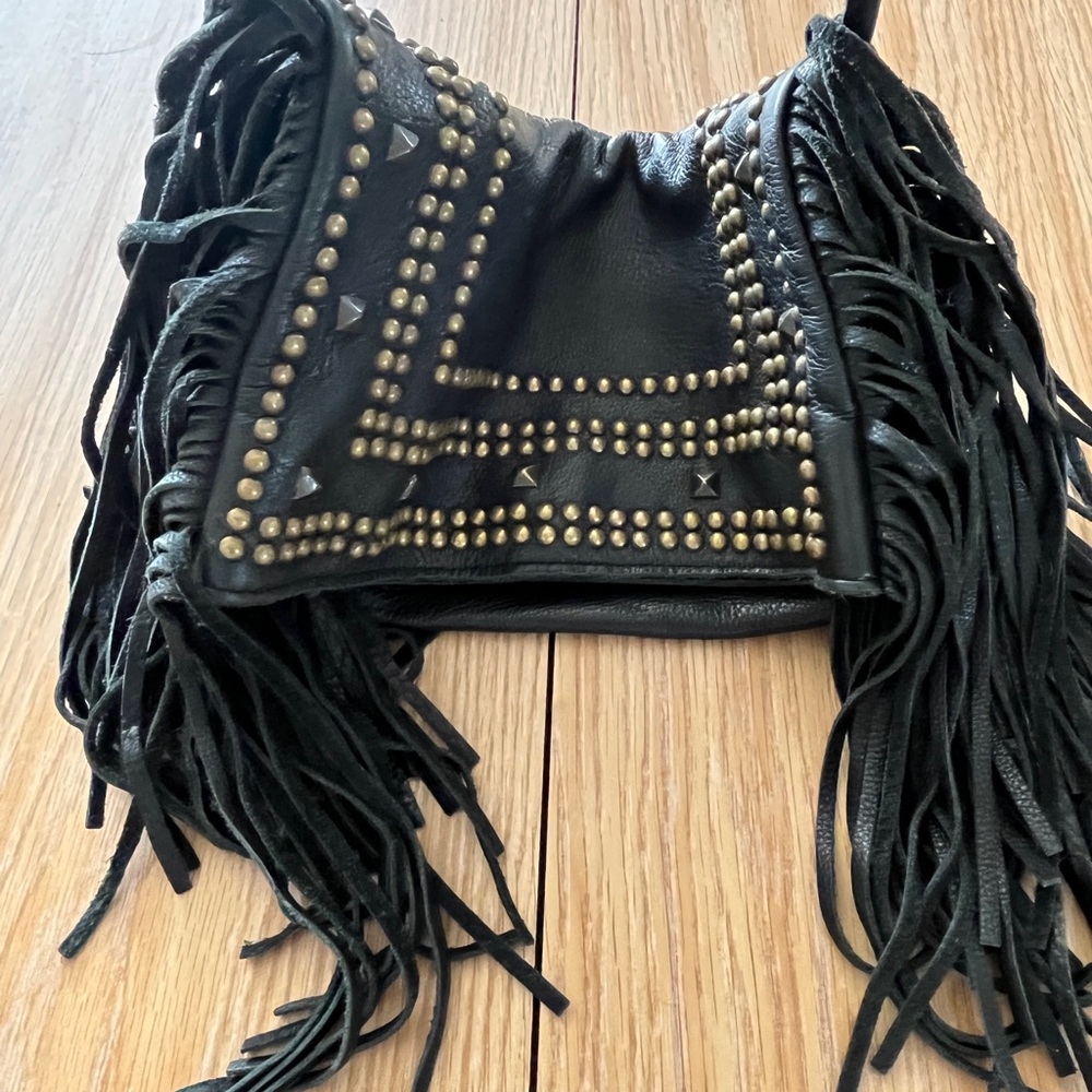 McFadin RARE Handmade Texas Leather Fringe Stud Crossbody Fold Over Slouch Bag